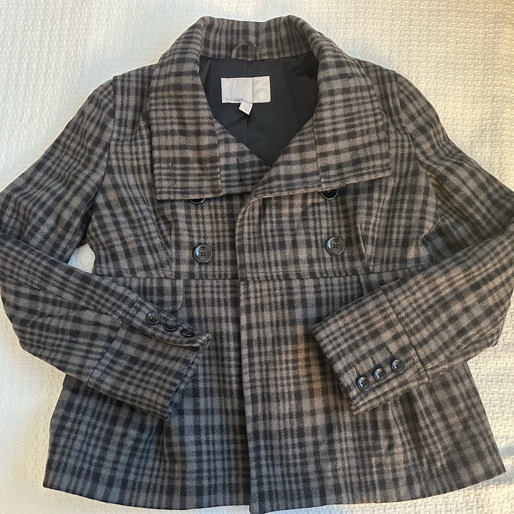 Old Navy Black and Gray Plaid Coat Small